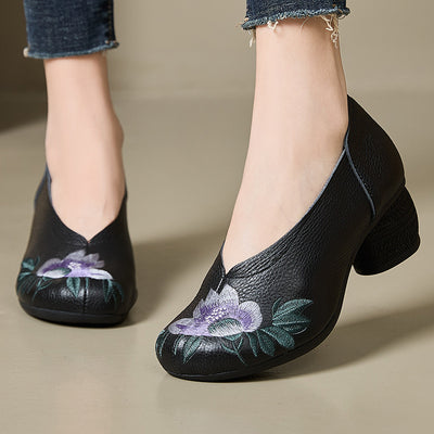 Ethnic Style Retro Genuine Leather Floral Embroidered Heeled Shoes