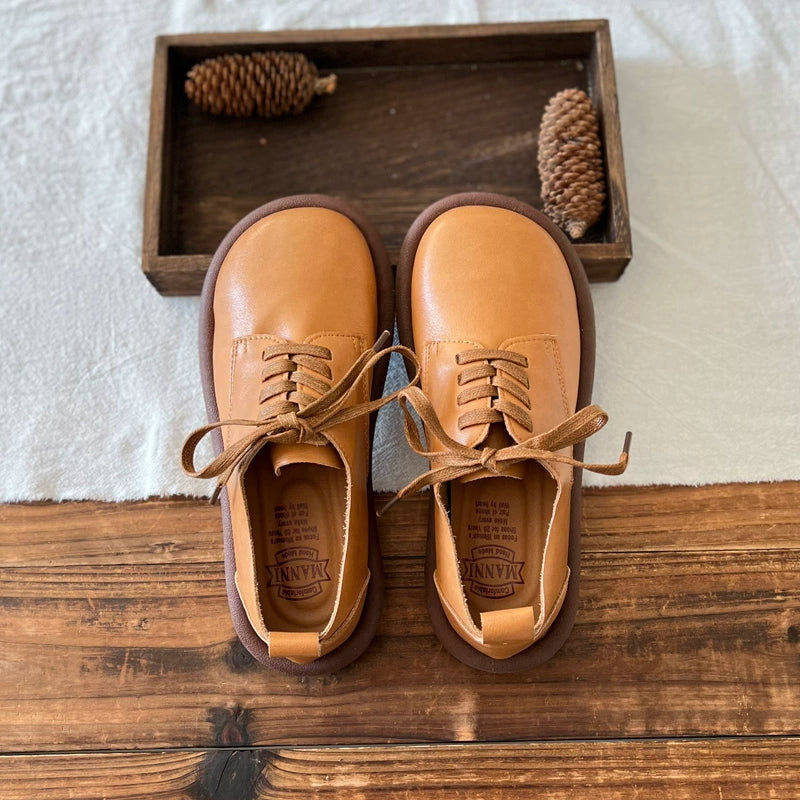 Women Retro Leather Soft Thick Sole Round Toe Lace-Up Shoes