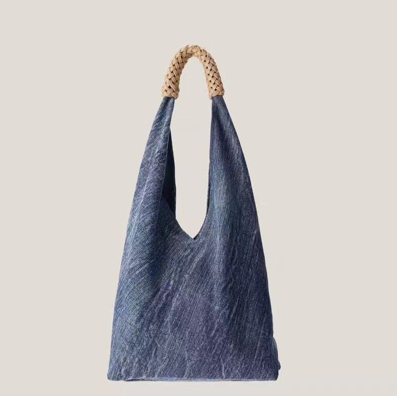 Fashion Minimalist Handwoven Handle Denim Tote Bag