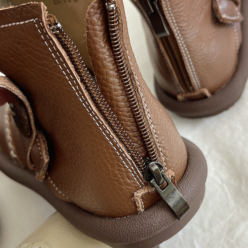 Babakud Women Round Toe Leather Warm Waterproof Short Boots