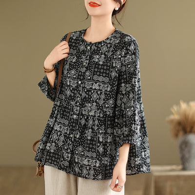 Women Retro Loose Printed Single-Breasted Cotton Blouse