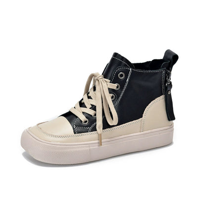 Women Retro Leather Patchwork Versatile Platform Shoes