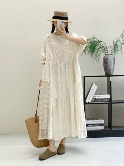 Retro Cotton Linen Lace Patchwork Loose Embroidered Dress