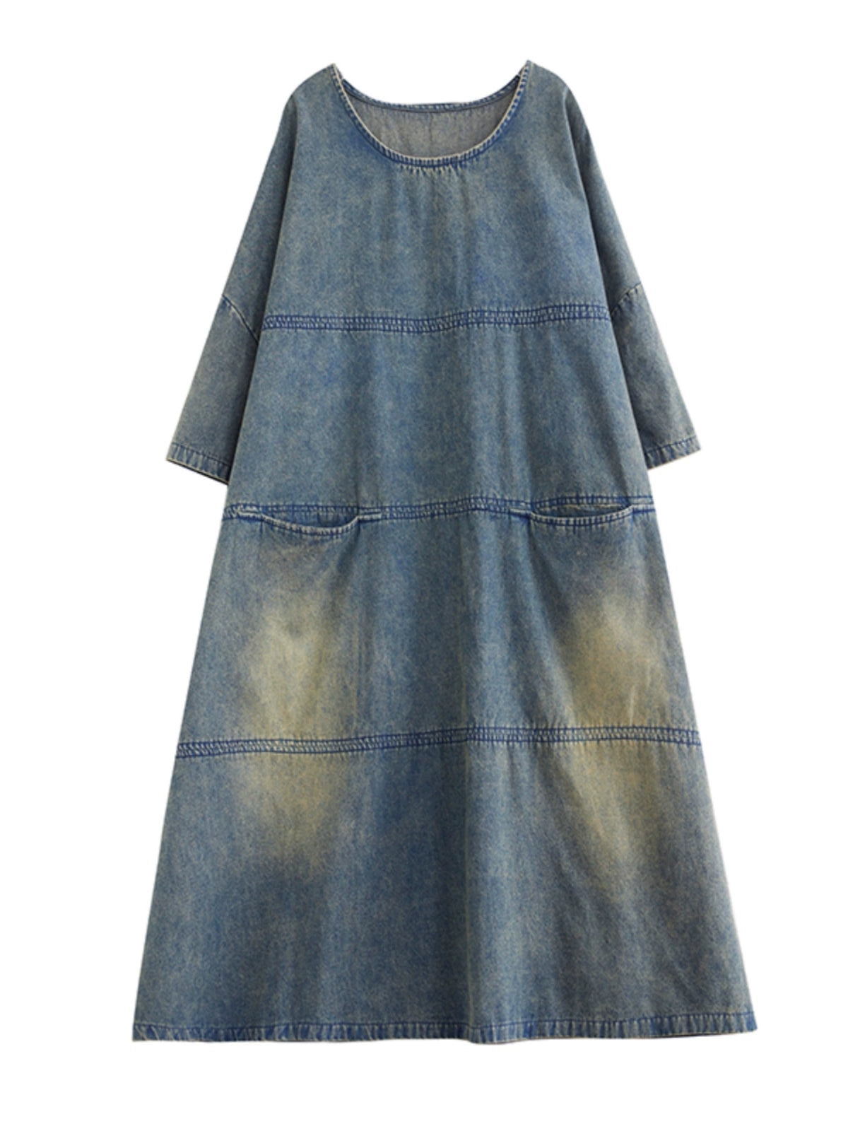 Women Spring Vintage Patchwork Denim Dress with Pockets