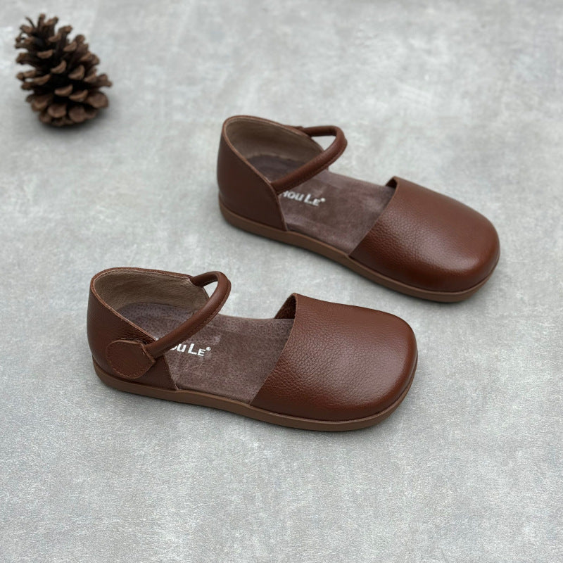 Women Trendy Retro Casual One-Strap Genuine Leather Flat Sandals