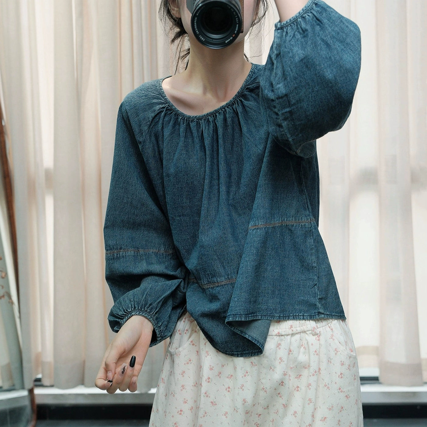 Babakud Retro Denim Round Neck Loose Casual Shirt