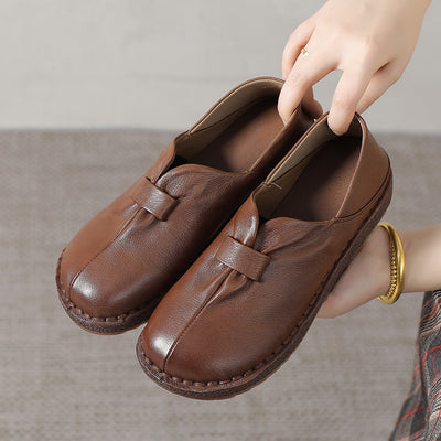 Women Retro Comfy Black and Brown Genuine Leather Slip-On Shoes
