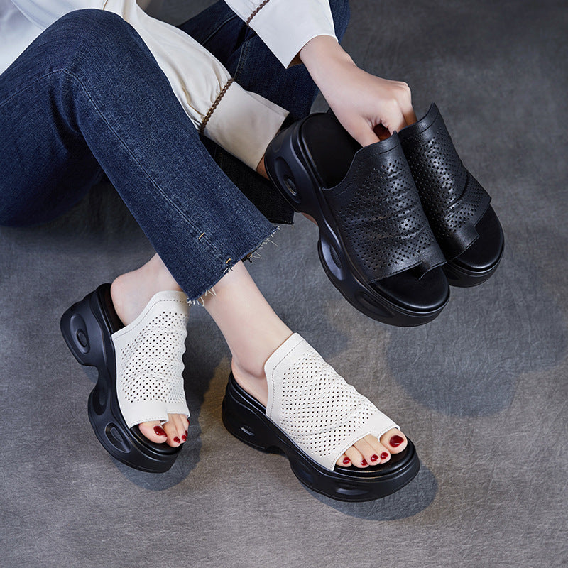 Summer Retro Genuine Leather Platform Hollow Toe Post Sandals