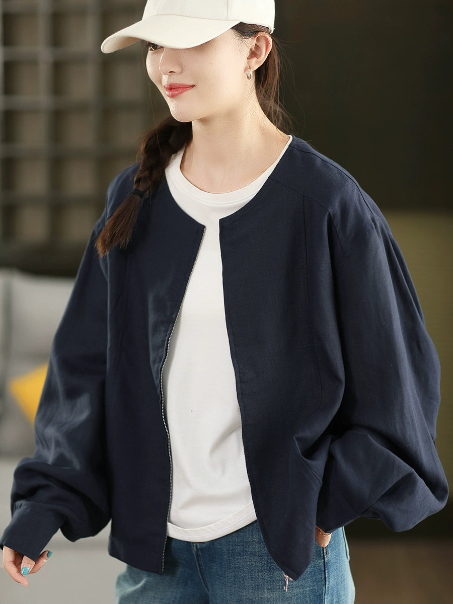 Women Retro Linen Round Neck Zipper Solid Color Jacket