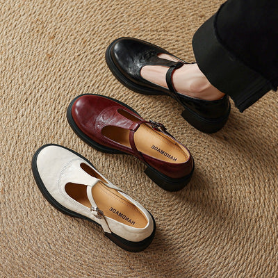 Retro Sheepskin Leather Round Toe One Straped Chunky Shoes