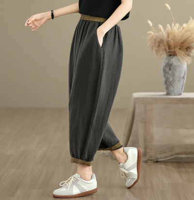 Women Casual Contrast Trim Workwear Cotton Linen Cropped Pants