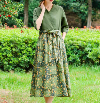 Ladies Spring Floral Printed Cotton Linen A-Line Dresses