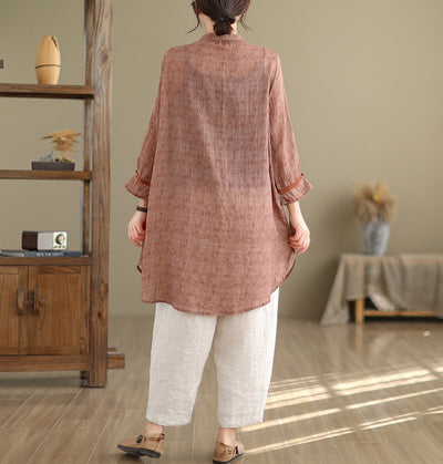 Women Spring Embroidered Loose Cotton Linen Mid-Length Shirt