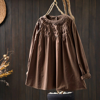 Women Spring Retro Pure Cotton Solid Color Long Sleeve Shirt