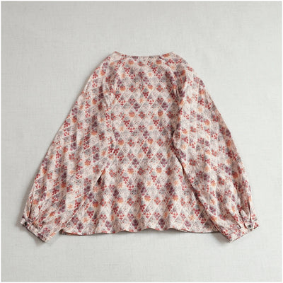 Retro Cotton Floral Printed Round Neck Single Breasted Shirt