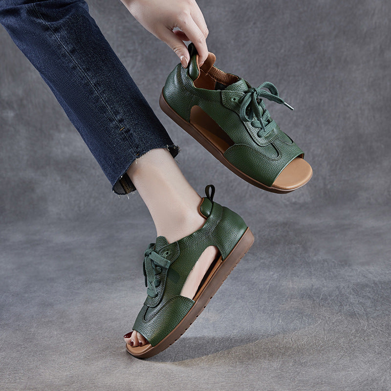 Women Summer Retro Genuine Leather Flat Soft Sole Lace-Up Sandals