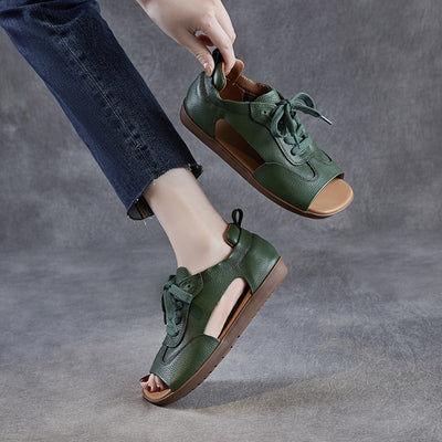 Summer Retro Leather Open Toe Soft Flat Sole Lace-Up Sandals