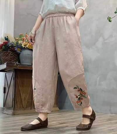 Autumn Linen Embroidered Patchwork Loose Casual Harem Pants