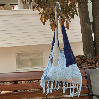 Casual Large Capacity Color Block Tassel Knit Shoulder Bag