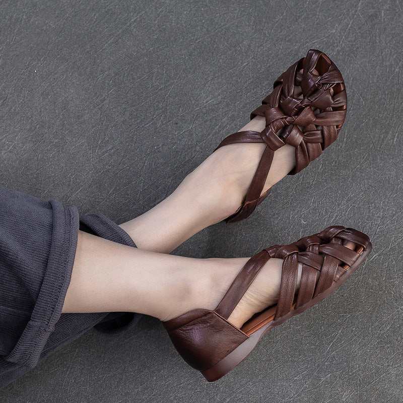 Ladies Fashion Retro Leather Woven Low Heel Soft Sole Sandals
