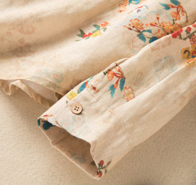 Women Spring Retro Printed Long-Sleeved Cotton Linen Shirt