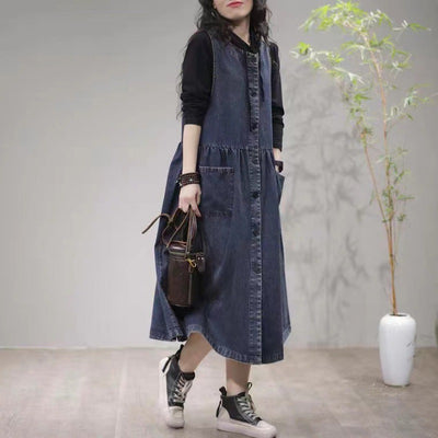 Casual Fashion Ruched Pockets Sleeveless Denim Midi Dresses