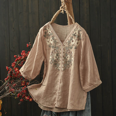 Women Spring Vintage Ramie Embroidered Floral V-Neck Top
