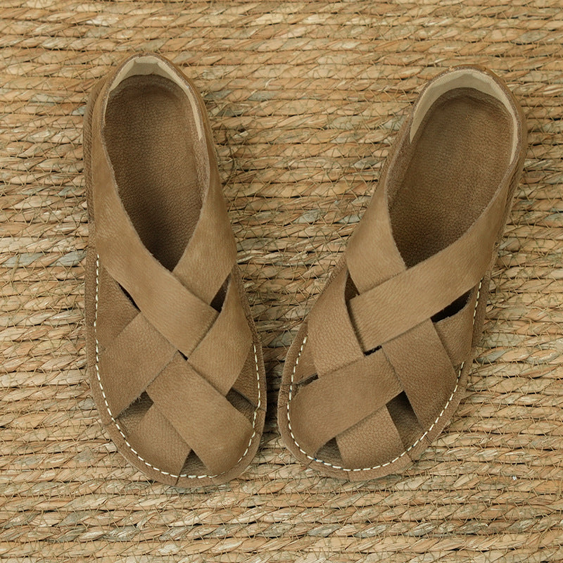 Women Summer Casual Genuine Cowhide Woven Flats Soft Sole Shoes
