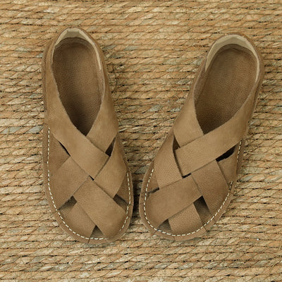 Women Summer Casual Genuine Cowhide Woven Flats Soft Sole Shoes