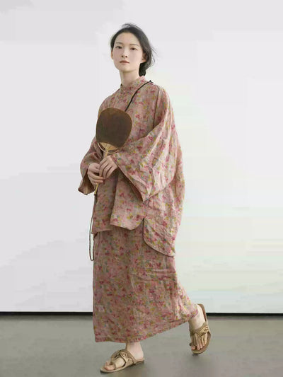 Babakud Women Retro Nation Ramie Stand Collar Floral Suit