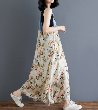 Women¡¯s Floral Spaghetti Strap Denim Patchwork Maxi Dress