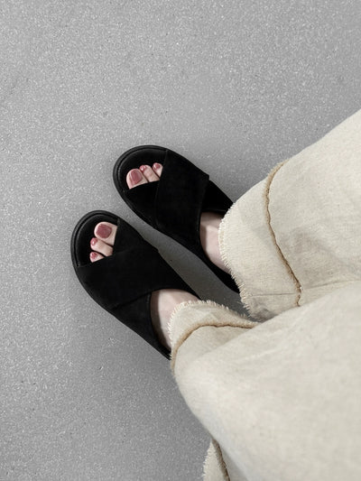 Women Vintage Leather Sueded Open Toe Crossing Platform Shoes