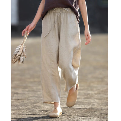 Women Spring Cotton Linen Casual Lace-Up Ankle Pants