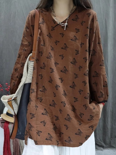 Women Spring Printed V-Neck Plus Size Loose Shirt