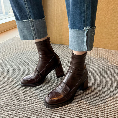 Women Elegant Sheepskin Leather Chunky Zipper Mid-Calf Boots