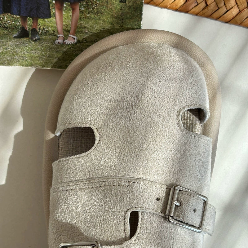 Women Retro Leather Sueded Closed Toe Cut Out Slip On Shoes