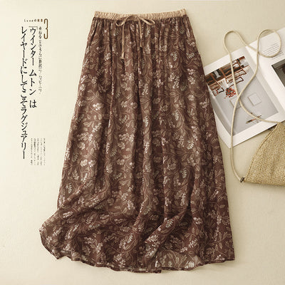Summer Vintage Ramie Printed Elastic Waist A-Line Lace-Up Skirt