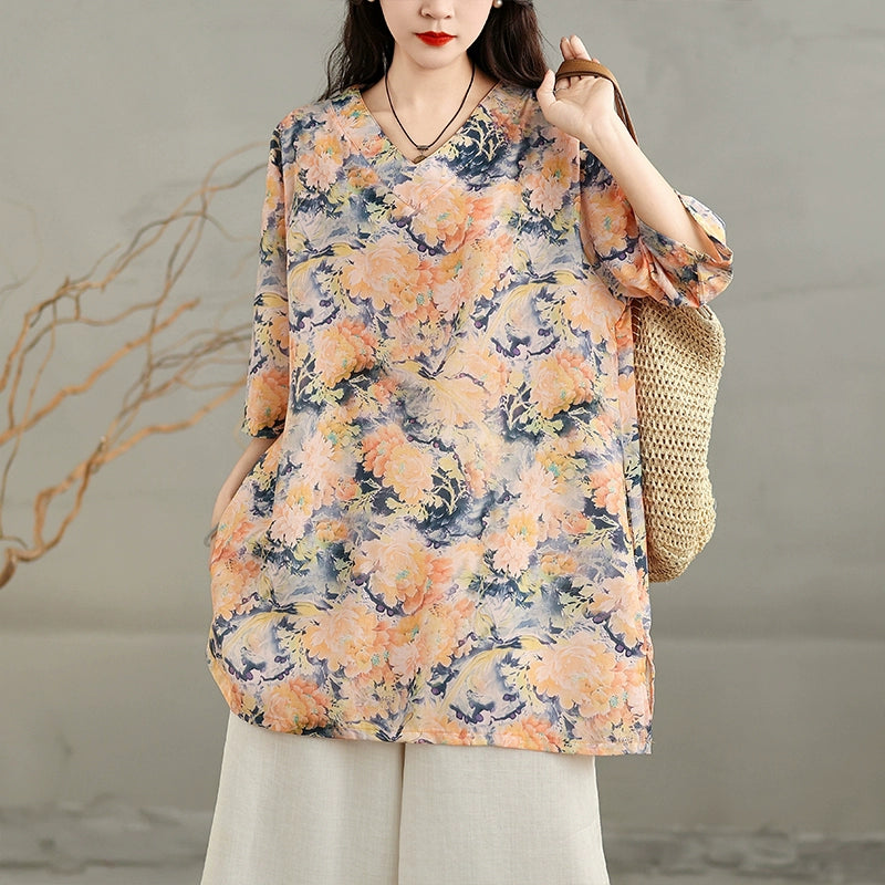 Ladies Retro Printed Loose V-Neck Mid-Length Cotton Linen T-Shirt