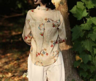 Women Spring Retro Printed Long-Sleeved Cotton Linen Shirt