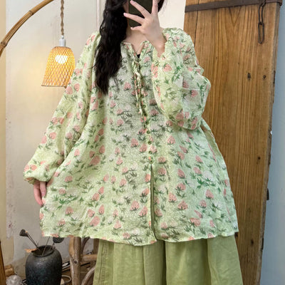 Women Spring Vintage Ramie Printed Floral Long Sleeve Shirt