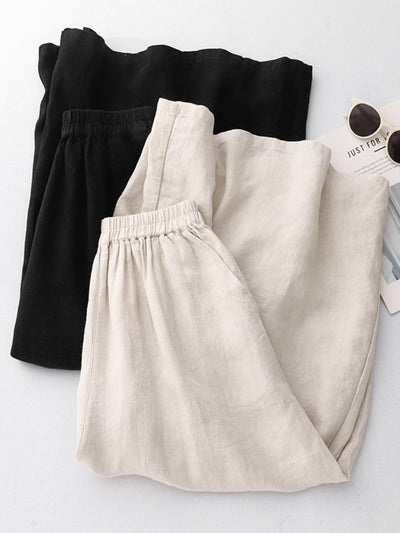 Women Retro Linen Plus Size Elastic Waist Loose Pants