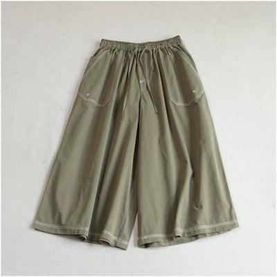 Retro Cotton Versatile Loose Elastic Waist Lace-Up Pockets Pants