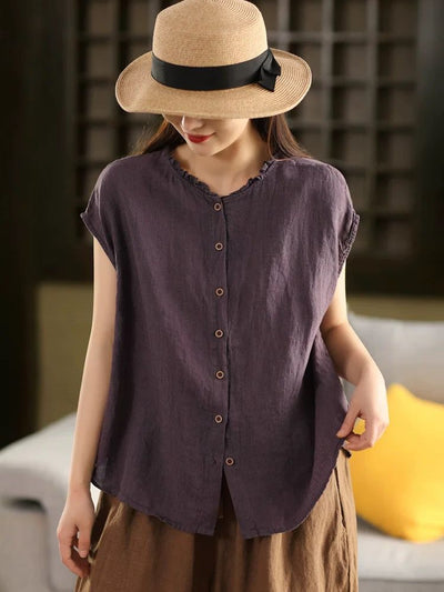 Women Retro Summer Linen Ruffle Lapel Single-Breasted Short Sleeves Shirt