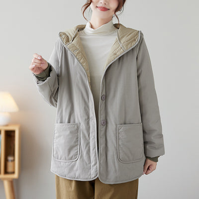 Women Gray Quilted Hooded Warm Padded Jacket