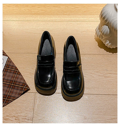 Women Retro Microfiber Platform Loafer Slip-On High Heel Shoes