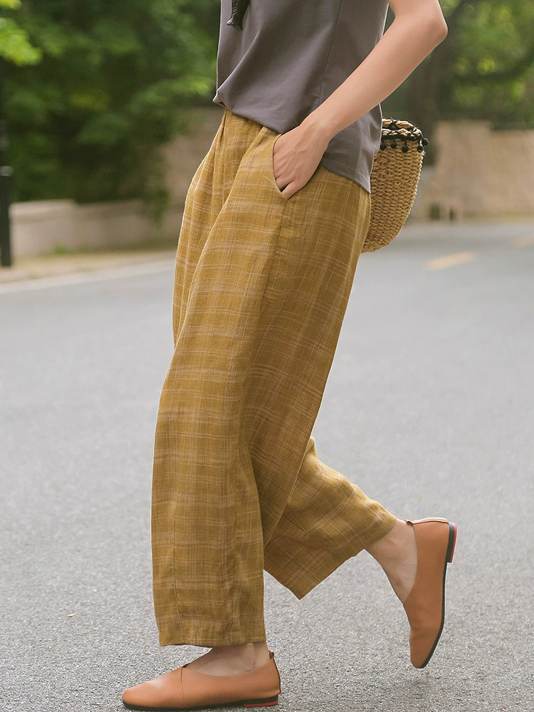 Women Summer Retro Linen Casual Plaid Loose Pants