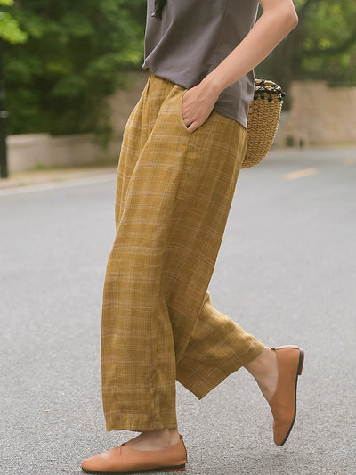 Women Summer Retro Linen Casual Plaid Loose Pants