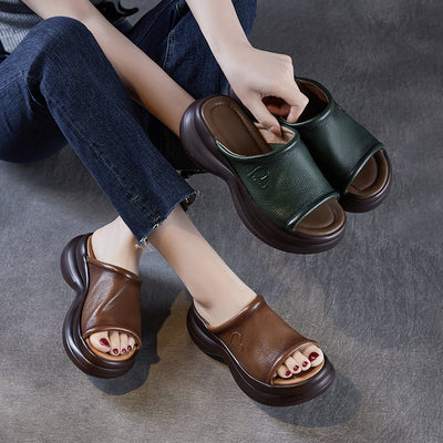 Babakud Summer Retro Leather Peep Toe Chunky Sole Sandals Slippers