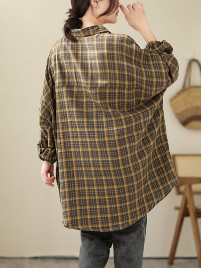 Plus Size Women Trendy Retro Spring Plaid Loose Cotton Shirt