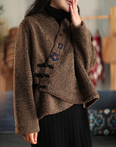Women Ethnic Style Wool Suede Lining Cross-Over Warm Coat